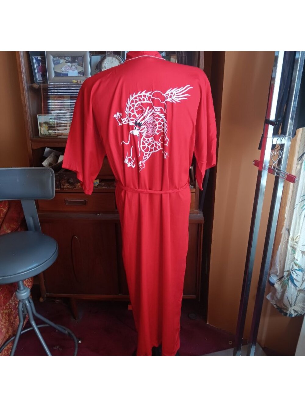 Red Dragon Embroidered Vintage Men's Small Kimono Robe 60s Rayon Smoking Jacket